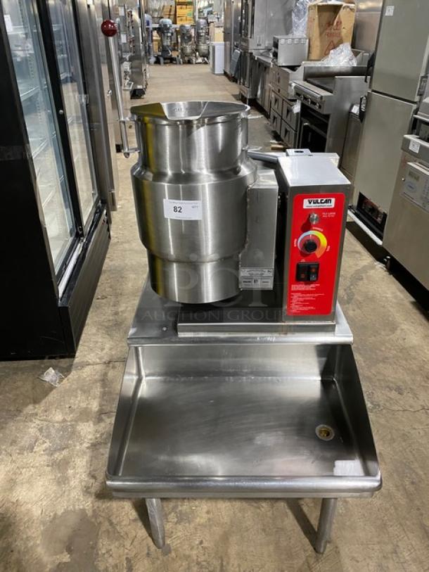 Vulcan Commercial Stainless Steel Electric Powered Countertop 6-Gal. Steam Jacketed Tilting Kettle! Model: K6ETT-7 SN: 46-2004217! 208/240V 3 Phase! With Custom Single Well Equipment Stand/Base! With Back Splash & Drain! On Legs! - Image 1 of 10