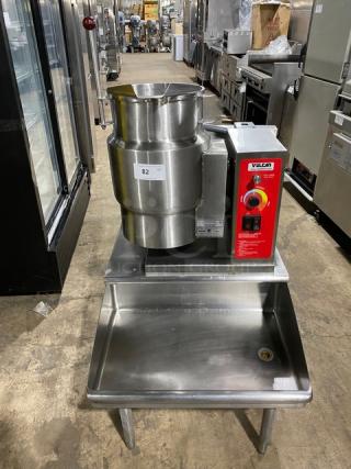 Vulcan Commercial Stainless Steel Electric Powered Countertop 6-Gal. Steam Jacketed Tilting Kettle! Model: K6ETT-7 SN: 46-2004217! 208/240V 3 Phase! With Custom Single Well Equipment Stand/Base! With Back Splash & Drain! On Legs!