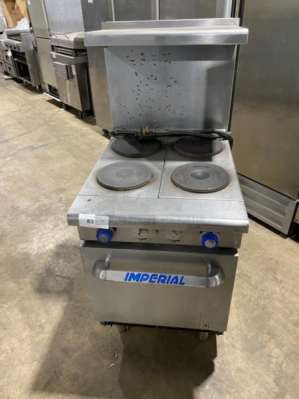 Imperial Commercial Stainless Steel Electric Powered 4 Burner Hot Plate Range/Oven Combo! With Back Splash & Overhead Salamander Shelf! With Wire Oven Rack! On Legs! - Image 1 of 9