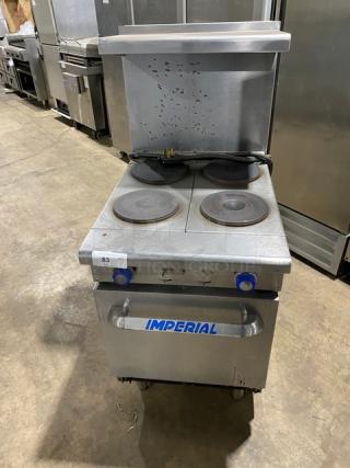 Imperial Commercial Stainless Steel Electric Powered 4 Burner Hot Plate Range/Oven Combo! With Back Splash & Overhead Salamander Shelf! With Wire Oven Rack! On Legs!