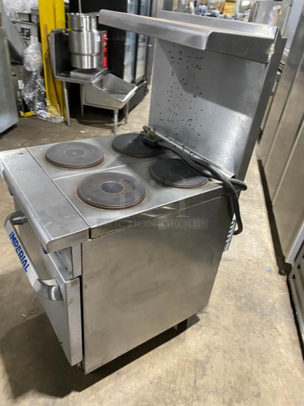 Imperial Commercial Stainless Steel Electric Powered 4 Burner Hot Plate Range/Oven Combo! With Back Splash & Overhead Salamander Shelf! With Wire Oven Rack! On Legs! - Image 2 of 9