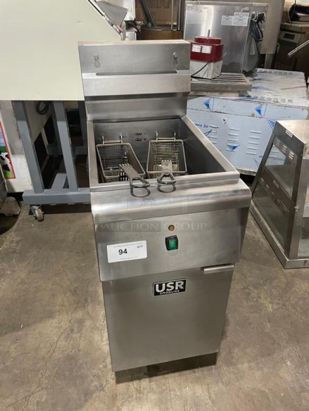 USR Cookline Series Commercial Stainless Steel Electric Powered Deep Fat Fryer! With Back Splash & Basket Hanger! With Frying Baskets! On Legs! - Image 1 of 8