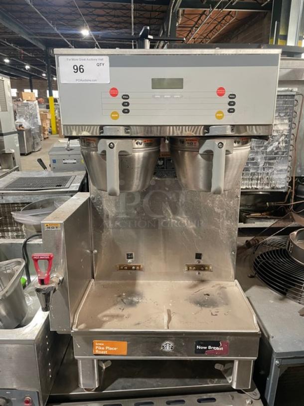 Bunn Starbucks Style Commercial Stainless Steel Electric Powered Countertop Dual Soft Heat Twin Coffee Brewer! With Hot Water Dispenser & Heavy-Duty Brew Baskets! Model: DUAL SH DBC! 120/208V 1 Phase! On Legs! - Image 1 of 6