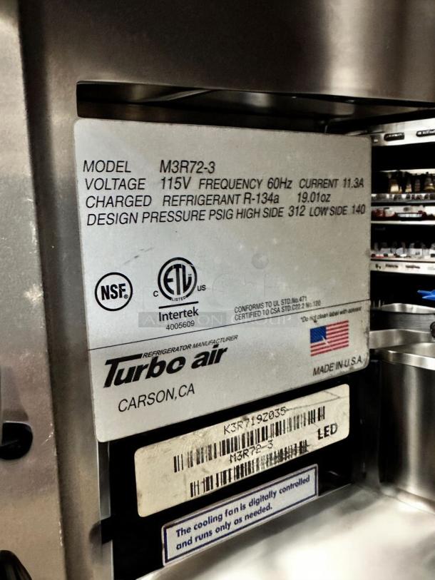 Excellent Condition Turbo Air M3R72-3 Commercial 3-Door Refrigerator – Tested & Working! - Image 5 of 6