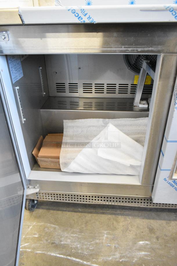 BRAND NEW SCRATCH AND DENT! 2021 Berg EDWR 48 BERG N HC Stainless Steel Commercial 2 Door Work Top Cooler on Commercial Casters. 115 Volts, 1 Phase. Tested and Working! - Image 5 of 7