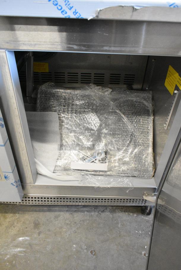 BRAND NEW SCRATCH AND DENT! 2021 Berg EDWR 48 BERG N HC Stainless Steel Commercial 2 Door Work Top Cooler on Commercial Casters. 115 Volts, 1 Phase. Tested and Working! - Image 6 of 7