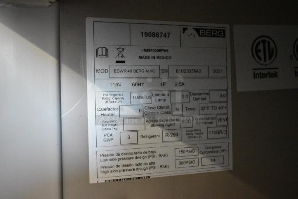 BRAND NEW SCRATCH AND DENT! 2021 Berg EDWR 48 BERG N HC Stainless Steel Commercial 2 Door Work Top Cooler on Commercial Casters. 115 Volts, 1 Phase. Tested and Working! - Image 7 of 7
