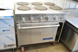 Imperial IR-6-E Stainless Steel Commercial Electric Powered 6 Burner Range w/ Oven on Commercial Casters. 208 Volts, 1 Phase.