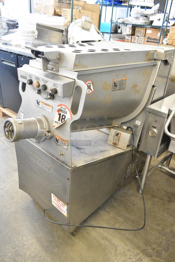 Hobart MG1632 Metal Commercial Floor Style Electric Powered Meat Mixer Grinder w/ Foot Pedal on Commercial Casters. 208 Volts, 3 Phase. - Image 1 of 8