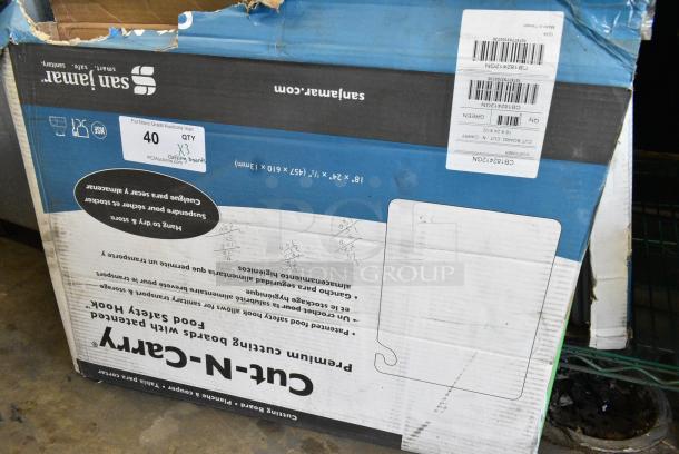 3 BRAND NEW!  Boxes of 6 San Jamar CB182412GN Cut-N-Carry® 24" x 18" x 1/2" Various Colored Cutting Board with Hook. Missing 3. 3 Times Your Bid! - Image 1 of 4