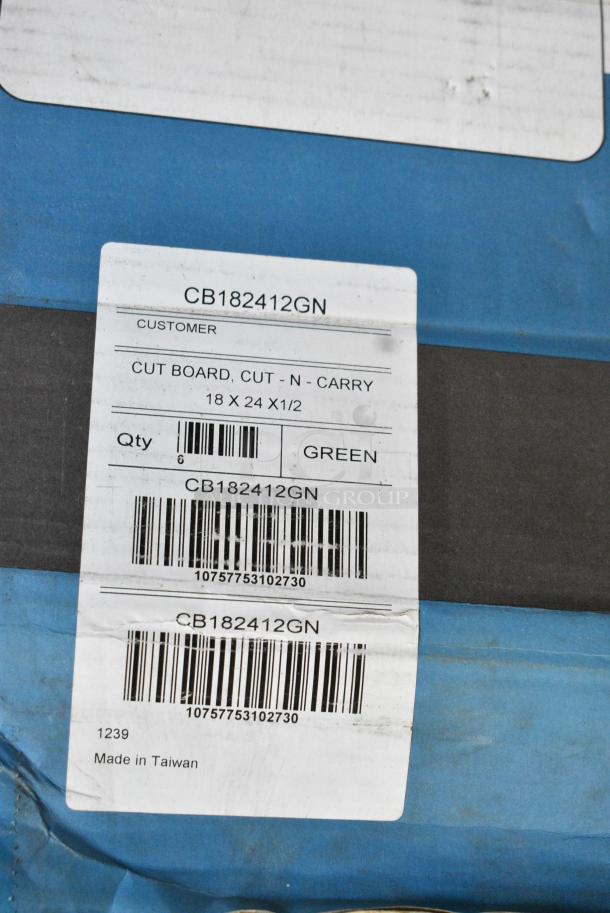 3 BRAND NEW!  Boxes of 6 San Jamar CB182412GN Cut-N-Carry® 24" x 18" x 1/2" Various Colored Cutting Board with Hook. Missing 3. 3 Times Your Bid! - Image 2 of 4