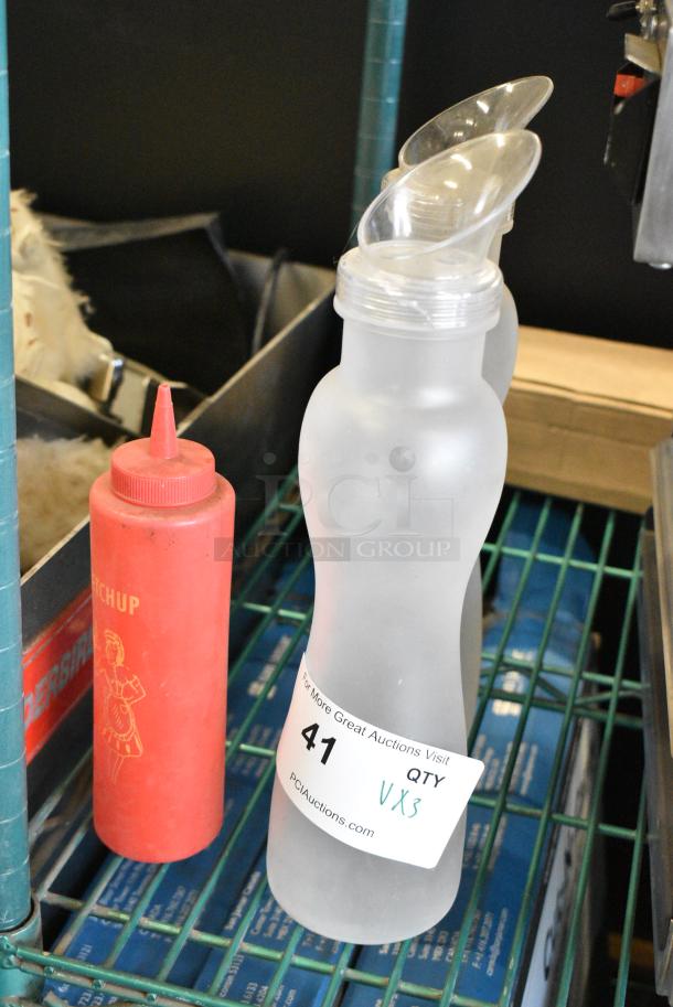 ALL ONE MONEY! Lot of 3 Items Including Red Poly Condiment Bottle and Carafes. - Image 1 of 3