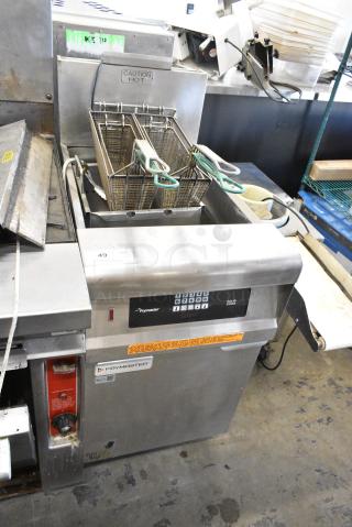2018 Frymaster GPCSC Stainless Steel Commercial Floor Style Natural Gas Powered Deep Fat Fryer w. Metal Fry Baskets on Commercial Casters. 80,000 BTU.