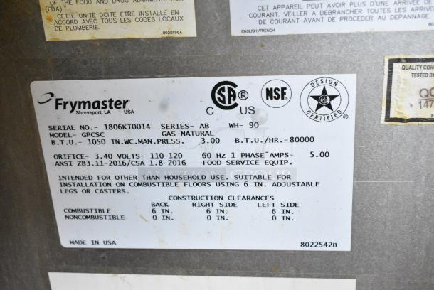 2018 Frymaster GPCSC Stainless Steel Commercial Floor Style Natural Gas Powered Deep Fat Fryer w. Metal Fry Baskets on Commercial Casters. 80,000 BTU. - Image 11 of 11