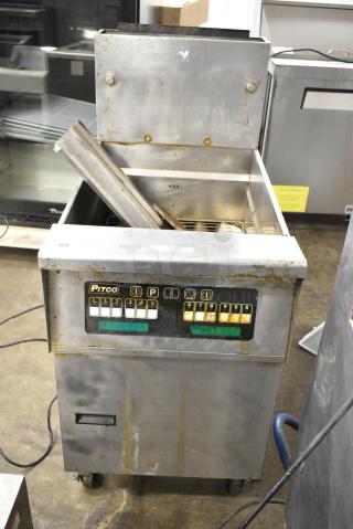 Pitco Frialator SFSG18-US Stainless Steel Commercial Floor Style Natural Gas Powered Deep Fat Fryer on Commercial Casters. 140,000 BTU.