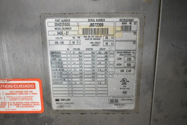 Taylor 340D-27 Stainless Steel Commercial Countertop Single Flavor Frozen Beverage Machine w/ Drink Mixer. Missing Lid 208-230 Volts, 1 Phase. - Image 9 of 9