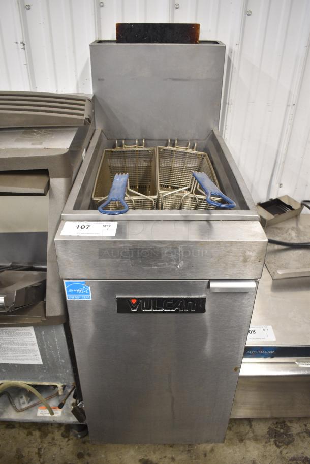 Vulcan 1VEG35M-1 Stainless Steel Commercial Floor Style Natural Gas Powered Deep Fat Fryer w/ 2 Metal Fry Baskets. 70,000 BTU. - Image 1 of 7