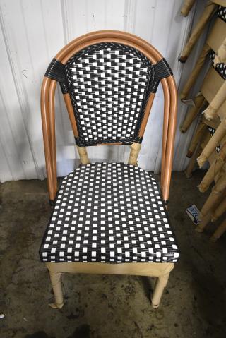 26 BRAND NEW SCRATCH AND DENT! Lancaster Table & Seating 427CSRTBSBKW  Bistro Series Black and White Checkered Weave Rattan Outdoor Side Chair. 26 Times Your Bid!