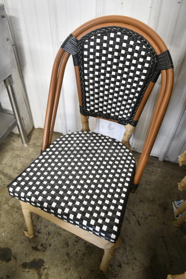 26 BRAND NEW SCRATCH AND DENT! Lancaster Table & Seating 427CSRTBSBKW  Bistro Series Black and White Checkered Weave Rattan Outdoor Side Chair. 26 Times Your Bid! - Image 3 of 8