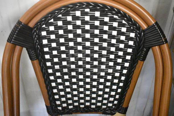 26 BRAND NEW SCRATCH AND DENT! Lancaster Table & Seating 427CSRTBSBKW  Bistro Series Black and White Checkered Weave Rattan Outdoor Side Chair. 26 Times Your Bid! - Image 4 of 8
