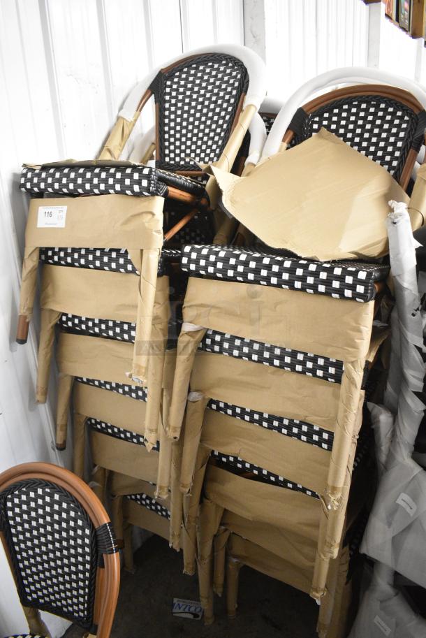 26 BRAND NEW SCRATCH AND DENT! Lancaster Table & Seating 427CSRTBSBKW  Bistro Series Black and White Checkered Weave Rattan Outdoor Side Chair. 26 Times Your Bid! - Image 6 of 8