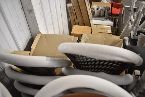 26 BRAND NEW SCRATCH AND DENT! Lancaster Table & Seating 427CSRTBSBKW  Bistro Series Black and White Checkered Weave Rattan Outdoor Side Chair. 26 Times Your Bid! - Image 7 of 8