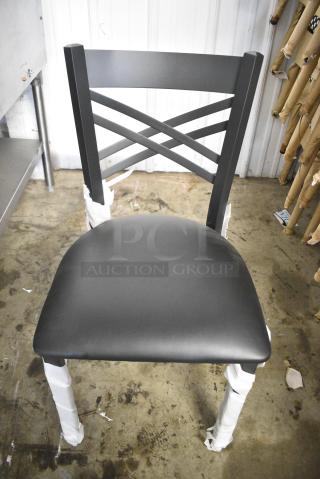 20 BRAND NEW SCRATCH AND DENT! Lancaster Table & Seating 164CCROSSFR Black Metal Dining Height Chair w/ Black Seat Cushion. 20 Times Your Bid!