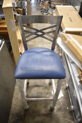 6 BRAND NEW SCRATCH AND DENT! Various Metal Chairs Including Bar Height Cross Back Chair w/ Blue Seat Cushion and Black Ladder Back Dining Height w Black Cushion. 6 Times Your Bid!