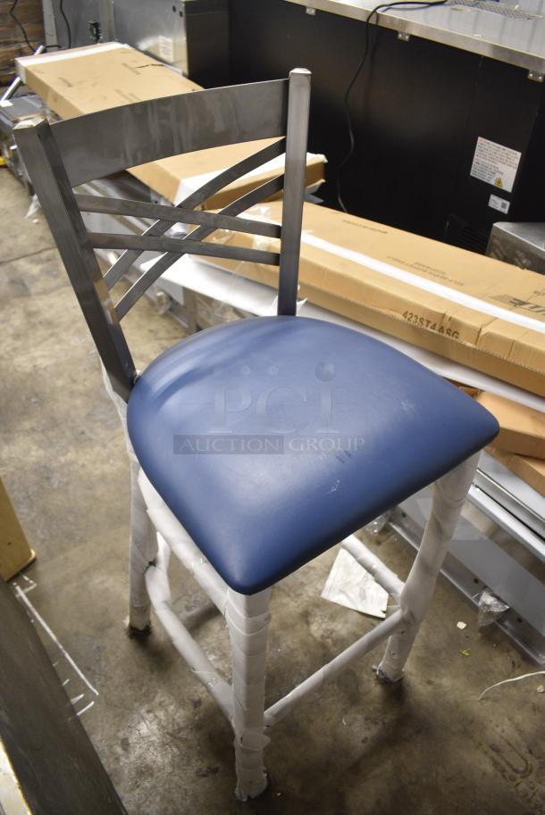 6 BRAND NEW SCRATCH AND DENT! Various Metal Chairs Including Bar Height Cross Back Chair w/ Blue Seat Cushion and Black Ladder Back Dining Height w Black Cushion. 6 Times Your Bid! - Image 2 of 11