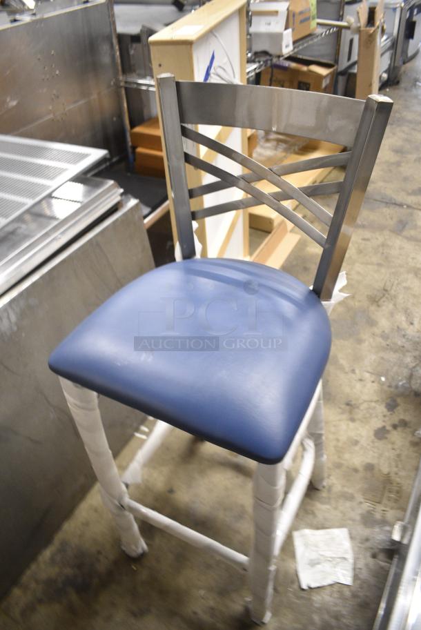 6 BRAND NEW SCRATCH AND DENT! Various Metal Chairs Including Bar Height Cross Back Chair w/ Blue Seat Cushion and Black Ladder Back Dining Height w Black Cushion. 6 Times Your Bid! - Image 3 of 11