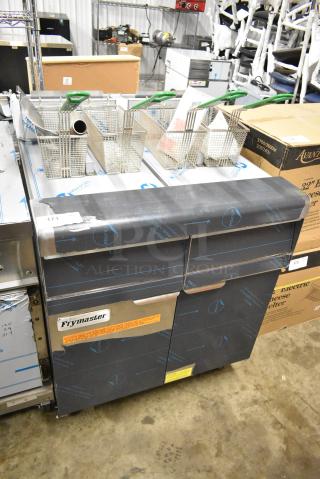 BRAND NEW SCRATCH AND DENT! 2024 Frymaster MJ240 Stainless Steel Commercial Floor Style Natural Gas Powered 2 Bay Deep Fat Fryer w/ 4 Metal Fry Baskets. 110,000 BTU.