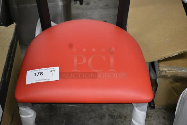 BRAND NEW SCRATCH AND DENT! Black Metal Dining Height Chair w/ Red Cushions - Image 3 of 4