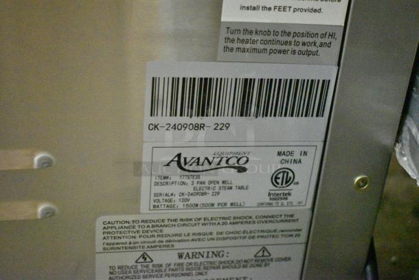BRAND NEW SCRATCH AND DENT! 2024 Avantco 177STE3S Stainless Steel Three Pan Open Well Electric Steam Table with Undershelf. 120 Volts, 1 Phase. Tested and Working! - Image 13 of 14