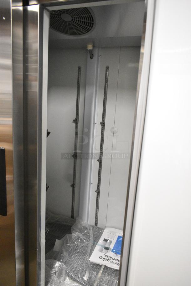 BRAND NEW SCRATCH AND DENT! 2024 Avantco 178A35FHC Stainless Steel Commercial 2 Door Reach In Freezer w/ Poly Coated Racks. 115 Volts, 1 Phase. Tested and Working! - Image 6 of 7
