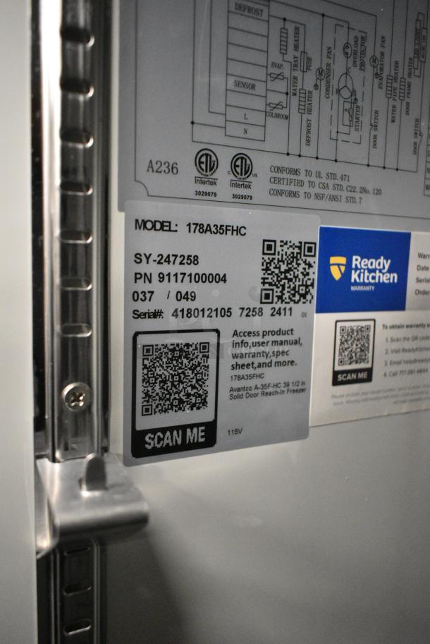 BRAND NEW SCRATCH AND DENT! 2024 Avantco 178A35FHC Stainless Steel Commercial 2 Door Reach In Freezer w/ Poly Coated Racks. 115 Volts, 1 Phase. Tested and Working! - Image 7 of 7