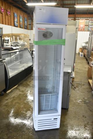 BRAND NEW SCRATCH AND DENT! Galaxy 177GDN5RBW Metal Commercial Single Door Reach In Cooler Merchandiser with Red, White, and Blue LED Lighting. 110-120 Volts, 1 Phase. Tested and Working!