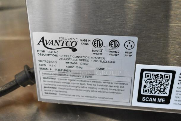 BRAND NEW SCRATCH AND DENT! Avantco 184T140 Commercial 10" Wide Conveyor Toaster with 3" Opening. 300 Slices per Hour. 120 Volts, 1 Phase. Cannot Test Due To Plug Style - Image 10 of 10