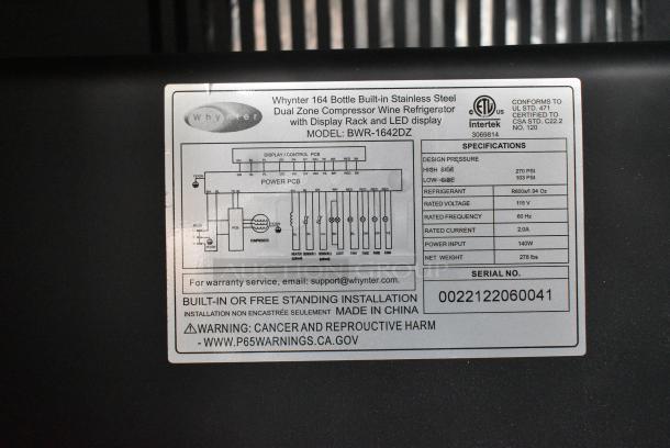 Whynter BWR-1642DZ 164 Bottle Built-in Stainless Steel Dual Zone Compressor Wine Refrigerator Merchandiser. 120 Volts, 1 Phase. Tested and Working! - Image 4 of 4