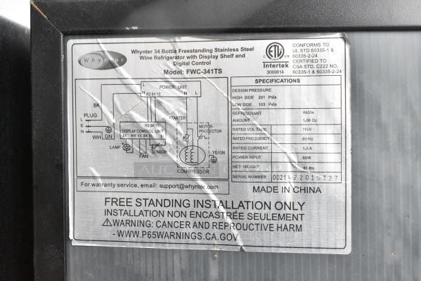 Whynter FWC-341TS  34 Bottle Freestanding Stainless Steel Wine Refrigerator with Display Shelf. 120 Volts, 1 Phase. Tested and Working! - Image 5 of 5
