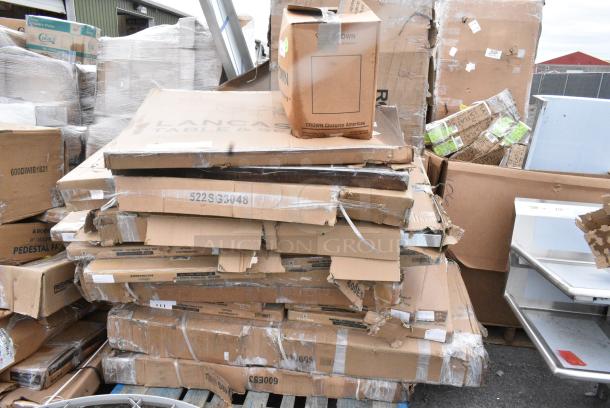 19 BRAND NEW! Boxes Including 384YCZ32RND Lancaster Table & Seating 32" Round Granite White Heavy-Duty Blow Molded Standard Height Plastic Folding Table, 522SG3048 Steelton 30" x 48" 18-Gauge Stainless Steel Equipment Stand with Undershelf and Galvanized Legs, 600ES3048G Regency 30" x 48" 16-Gauge Stainless Steel  Equipment Stand with Galvanized Undershelf, 3 Box 427SM2424LE Lancaster Table & Seating Excalibur 24" x 24" Square Table Top with Smooth Letizia Finish, 600WT24X48BS Regency 24" x 48" 16-Gauge 304 Stainless Steel Commercial Open Base Work Table with 4" Backsplash, 600TSB3060S Regency 30" x 60" 16-Gauge Stainless Steel Commercial Work Table with 4" Backsplash and Undershelf, 500L43400WM 43/400 White Metal Lid with Plastisol Liner - 3200/Case 500L43400WM. 19 Times Your Bid! May Be Missing Pieces - Image 1 of 14