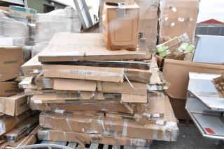 19 BRAND NEW! Boxes Including 384YCZ32RND Lancaster Table & Seating 32" Round Granite White Heavy-Duty Blow Molded Standard Height Plastic Folding Table, 522SG3048 Steelton 30" x 48" 18-Gauge Stainless Steel Equipment Stand with Undershelf and Galvanized Legs, 600ES3048G Regency 30" x 48" 16-Gauge Stainless Steel  Equipment Stand with Galvanized Undershelf, 3 Box 427SM2424LE Lancaster Table & Seating Excalibur 24" x 24" Square Table Top with Smooth Letizia Finish, 600WT24X48BS Regency 24" x 48" 16-Gauge 304 Stainless Steel Commercial Open Base Work Table with 4" Backsplash, 600TSB3060S Regency 30" x 60" 16-Gauge Stainless Steel Commercial Work Table with 4" Backsplash and Undershelf, 500L43400WM 43/400 White Metal Lid with Plastisol Liner - 3200/Case 500L43400WM. 19 Times Your Bid! May Be Missing Pieces