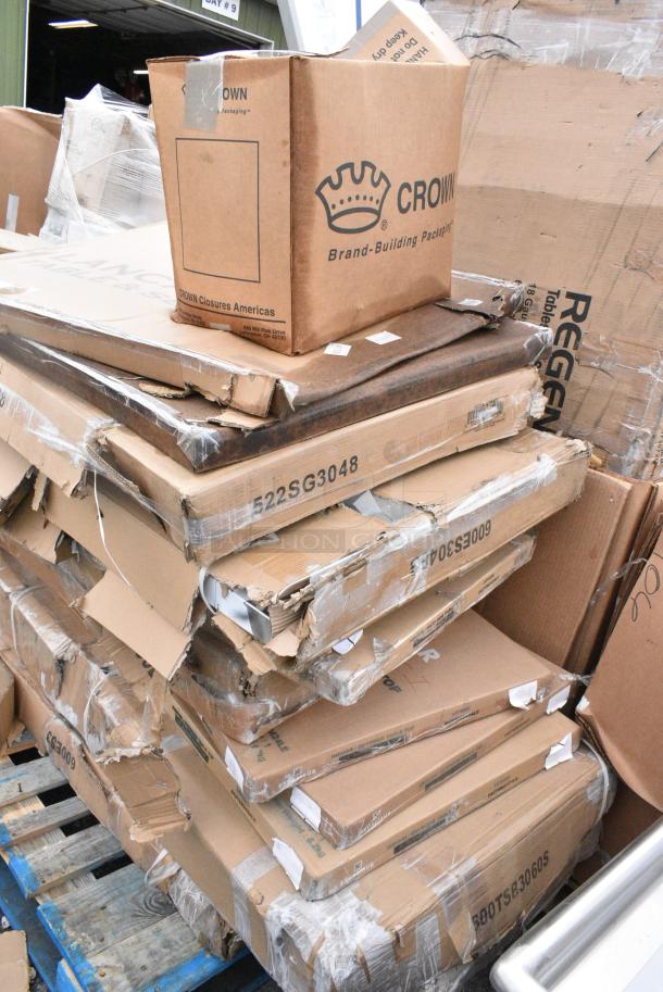 19 BRAND NEW! Boxes Including 384YCZ32RND Lancaster Table & Seating 32" Round Granite White Heavy-Duty Blow Molded Standard Height Plastic Folding Table, 522SG3048 Steelton 30" x 48" 18-Gauge Stainless Steel Equipment Stand with Undershelf and Galvanized Legs, 600ES3048G Regency 30" x 48" 16-Gauge Stainless Steel  Equipment Stand with Galvanized Undershelf, 3 Box 427SM2424LE Lancaster Table & Seating Excalibur 24" x 24" Square Table Top with Smooth Letizia Finish, 600WT24X48BS Regency 24" x 48" 16-Gauge 304 Stainless Steel Commercial Open Base Work Table with 4" Backsplash, 600TSB3060S Regency 30" x 60" 16-Gauge Stainless Steel Commercial Work Table with 4" Backsplash and Undershelf, 500L43400WM 43/400 White Metal Lid with Plastisol Liner - 3200/Case 500L43400WM. 19 Times Your Bid! May Be Missing Pieces - Image 2 of 14