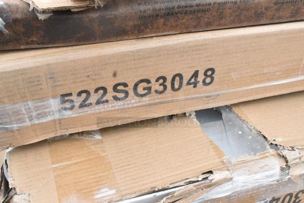 19 BRAND NEW! Boxes Including 384YCZ32RND Lancaster Table & Seating 32" Round Granite White Heavy-Duty Blow Molded Standard Height Plastic Folding Table, 522SG3048 Steelton 30" x 48" 18-Gauge Stainless Steel Equipment Stand with Undershelf and Galvanized Legs, 600ES3048G Regency 30" x 48" 16-Gauge Stainless Steel  Equipment Stand with Galvanized Undershelf, 3 Box 427SM2424LE Lancaster Table & Seating Excalibur 24" x 24" Square Table Top with Smooth Letizia Finish, 600WT24X48BS Regency 24" x 48" 16-Gauge 304 Stainless Steel Commercial Open Base Work Table with 4" Backsplash, 600TSB3060S Regency 30" x 60" 16-Gauge Stainless Steel Commercial Work Table with 4" Backsplash and Undershelf, 500L43400WM 43/400 White Metal Lid with Plastisol Liner - 3200/Case 500L43400WM. 19 Times Your Bid! May Be Missing Pieces - Image 4 of 14