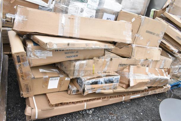 16 BRAND NEW! Boxes Including 600DIWIB1821 Regency Stainless Steel Water Station with Ice Bin - 21" x 17", 600TB2472G Regency 24" x 72" 18-Gauge 304 Stainless Steel Commercial Work Table with 4" Backsplash and Galvanized Undershelf, 257HN1836 Lavex Pro 18" x 36" NSF Blue Epoxy Heavy-Duty Wire Shelf with Antimicrobial Coating, 16430RTFBLK TABLE TOP THERMO FORM 30R BLK WOOD, 164CUSHBUCLB BUCKET BARSTOOL CUSHION, 19"W & 17" D, LIGHT BRWN VINYL, 442EP72536 Lavex 36" Poly Tubing Dispenser with Slide Cutter, 460ECP96 Regency NSF 96" Chrome Post. 16 Times Your Bid! May Be Missing Pieces - Image 1 of 11