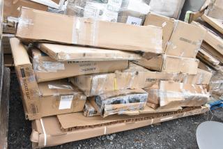 16 BRAND NEW! Boxes Including 600DIWIB1821 Regency Stainless Steel Water Station with Ice Bin - 21" x 17", 600TB2472G Regency 24" x 72" 18-Gauge 304 Stainless Steel Commercial Work Table with 4" Backsplash and Galvanized Undershelf, 257HN1836 Lavex Pro 18" x 36" NSF Blue Epoxy Heavy-Duty Wire Shelf with Antimicrobial Coating, 16430RTFBLK TABLE TOP THERMO FORM 30R BLK WOOD, 164CUSHBUCLB BUCKET BARSTOOL CUSHION, 19"W & 17" D, LIGHT BRWN VINYL, 442EP72536 Lavex 36" Poly Tubing Dispenser with Slide Cutter, 460ECP96 Regency NSF 96" Chrome Post. 16 Times Your Bid! May Be Missing Pieces