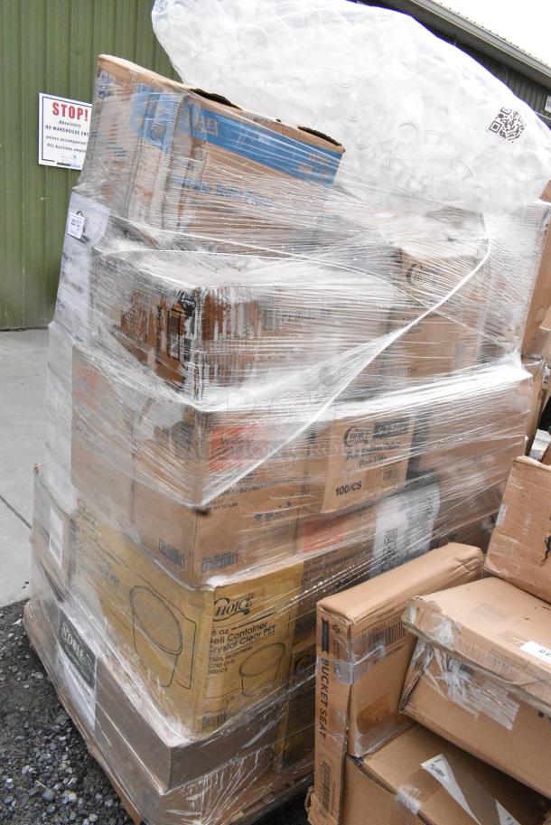 25 BRAND NEW! Boxes Including 130WBKFORKH Choice Black Heavy Weight Wrapped Polystyrene Plastic Fork - 1000/Case, 500MFTN Lavex Natural Brown Kraft M-Fold (Multifold) Towel - 4000/Case, 394365L Noble Products Powder-Free Disposable Clear Vinyl Gloves for Foodservice - Large - 1000/Case, 612FHL1230 Choice Foil Steam Table Pan Lid - Half Size - 100/Case, 500TW14 Choice 14 oz. Translucent Thin Wall Plastic Cold Cup - 1000/Case, Solo Ultra Clear™ TD24 24 oz. Customizable Clear PET Plastic Cold Cup - 600/Case, 347SPBD8WHSV Visions 8" Square White Plastic Plate with Silver Bands - 120/Case, 129MCR50B Choice 43 oz. Black Round Microwavable Heavy Weight Container with Lid 9" - 150/Case. 25 Times Your Bid! May Be Missing Pieces - Image 3 of 18