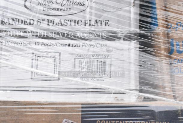 25 BRAND NEW! Boxes Including 130WBKFORKH Choice Black Heavy Weight Wrapped Polystyrene Plastic Fork - 1000/Case, 500MFTN Lavex Natural Brown Kraft M-Fold (Multifold) Towel - 4000/Case, 394365L Noble Products Powder-Free Disposable Clear Vinyl Gloves for Foodservice - Large - 1000/Case, 612FHL1230 Choice Foil Steam Table Pan Lid - Half Size - 100/Case, 500TW14 Choice 14 oz. Translucent Thin Wall Plastic Cold Cup - 1000/Case, Solo Ultra Clear™ TD24 24 oz. Customizable Clear PET Plastic Cold Cup - 600/Case, 347SPBD8WHSV Visions 8" Square White Plastic Plate with Silver Bands - 120/Case, 129MCR50B Choice 43 oz. Black Round Microwavable Heavy Weight Container with Lid 9" - 150/Case. 25 Times Your Bid! May Be Missing Pieces - Image 15 of 18