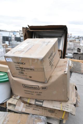 6 BRAND NEW! Boxes Including 522UIB1836 Steelton 18" x 36" Underbar Ice Bin with Bottle Holders - 119 lb., 600DI12012 Regency 20" x 16" x 12" 16-Gauge Stainless Steel One Compartment Drop-In Sink, 109CARTBLGBK Choice Black Utility / Bussing Cart with Three Shelves - 42" x 20", 522CS12424 Steelton Sink, 257LSUC24363 Lavex 36" x 24" x 35" Three Tray Shelf Steel Utility Cart - Fully Welded. 6 Times Your Bid! May Be Missing Pieces