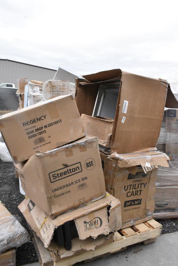 6 BRAND NEW! Boxes Including 522UIB1836 Steelton 18" x 36" Underbar Ice Bin with Bottle Holders - 119 lb., 600DI12012 Regency 20" x 16" x 12" 16-Gauge Stainless Steel One Compartment Drop-In Sink, 109CARTBLGBK Choice Black Utility / Bussing Cart with Three Shelves - 42" x 20", 522CS12424 Steelton Sink, 257LSUC24363 Lavex 36" x 24" x 35" Three Tray Shelf Steel Utility Cart - Fully Welded. 6 Times Your Bid! May Be Missing Pieces - Image 2 of 8