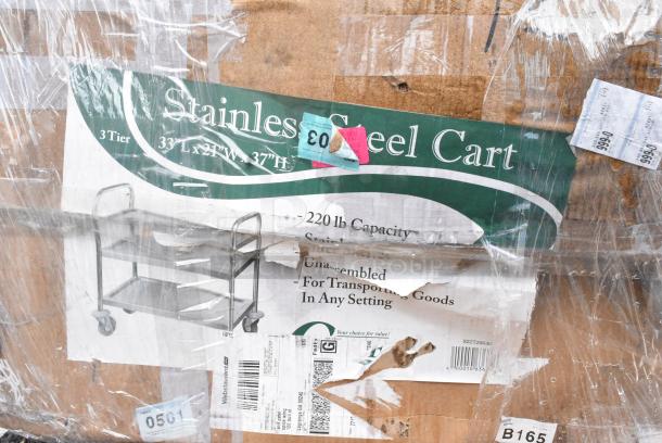 2 BRAND NEW! Boxes Including 922T20030 Choice 33 3/4" x 21" x 37" Knocked Down 24 Gauge Stainless Steel 3 Shelf Utility Cart, Bobrick B-299 Stainless Steel Surface Mounted Mirrored Medicine Cabinet with Satin Finish. 2 Times Your Bid! May Be Missing Pieces - Image 2 of 5